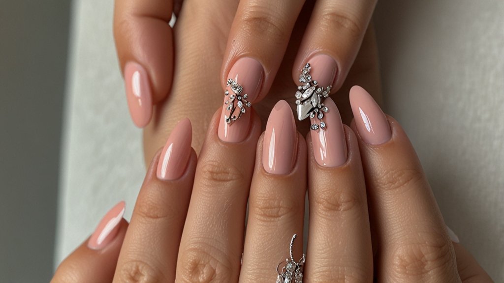 Almond Nail Shape With Peach Color And Silver Bead​